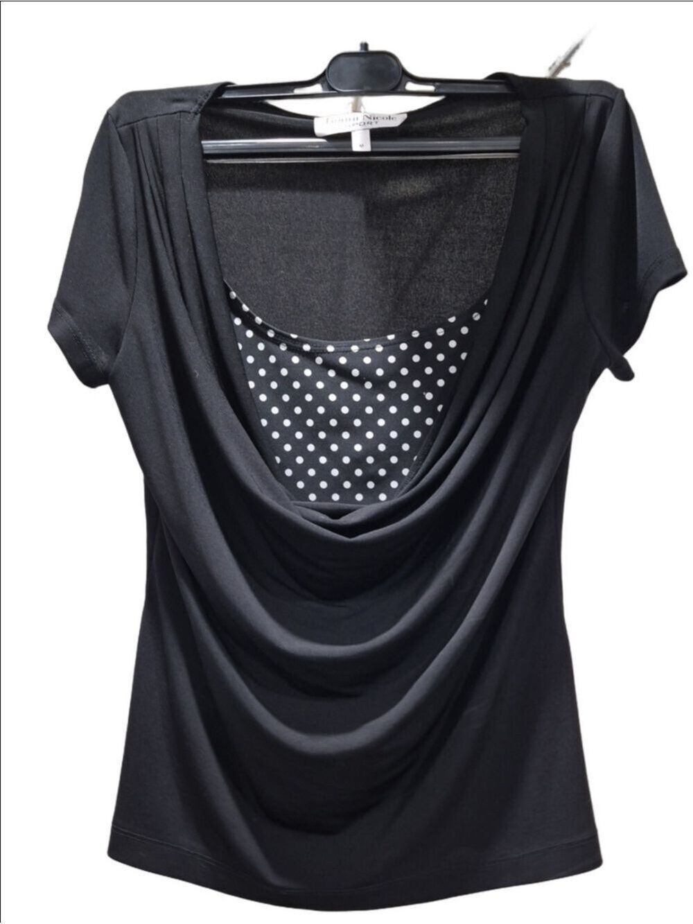 Ronni Nicole Sport Black Cowl Neck Blouse with Polka Dot Inset - Size M